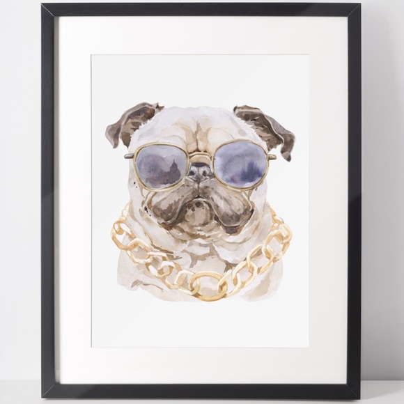 Other - Watercolor Pug Pet Dog With Sunglasses Wall Art Illustration Print Poster Card U